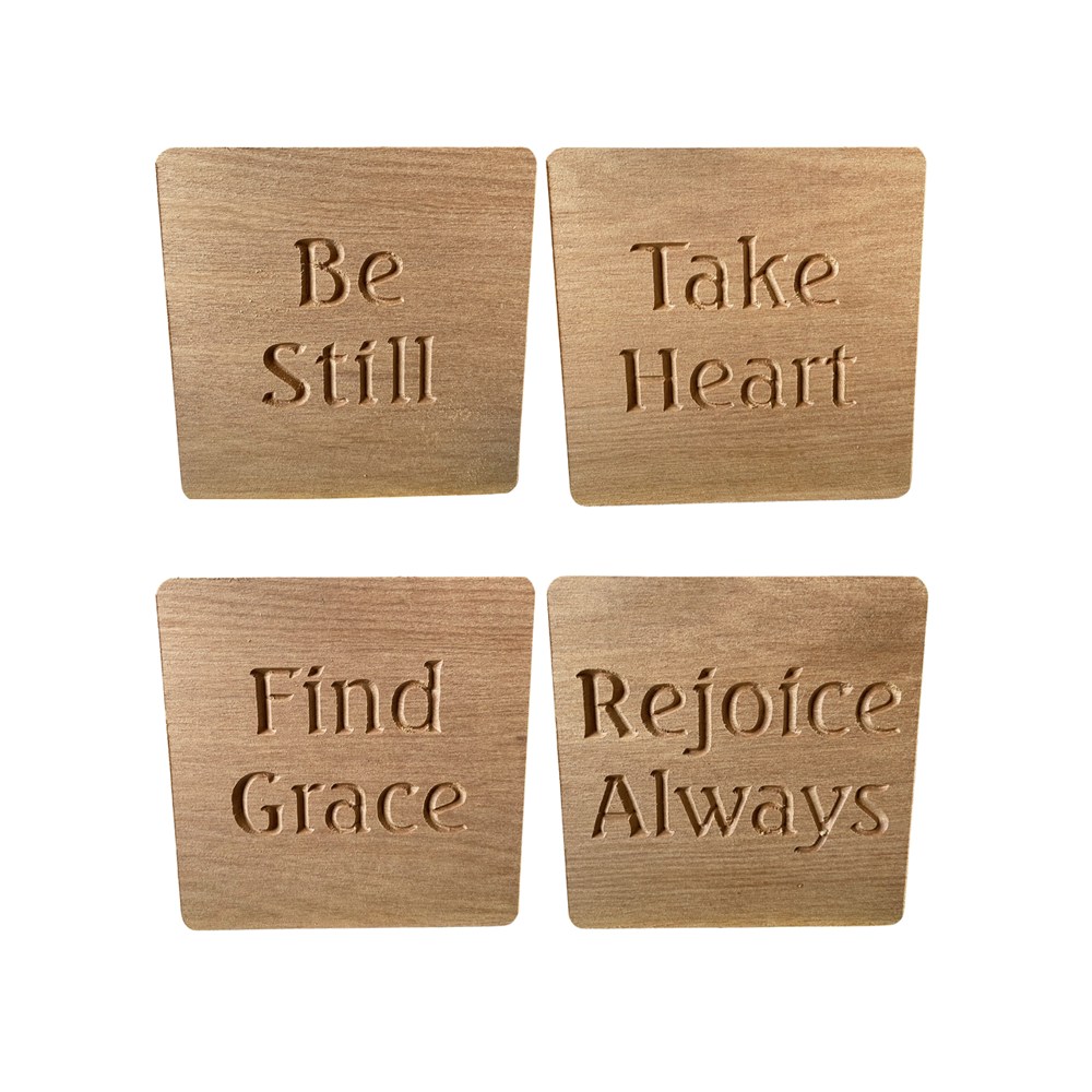 COASTERS RECYCLED RIMU "BE STILL, TAKE HEART, FIND GRACE, REJOICE ALWAYS" SET