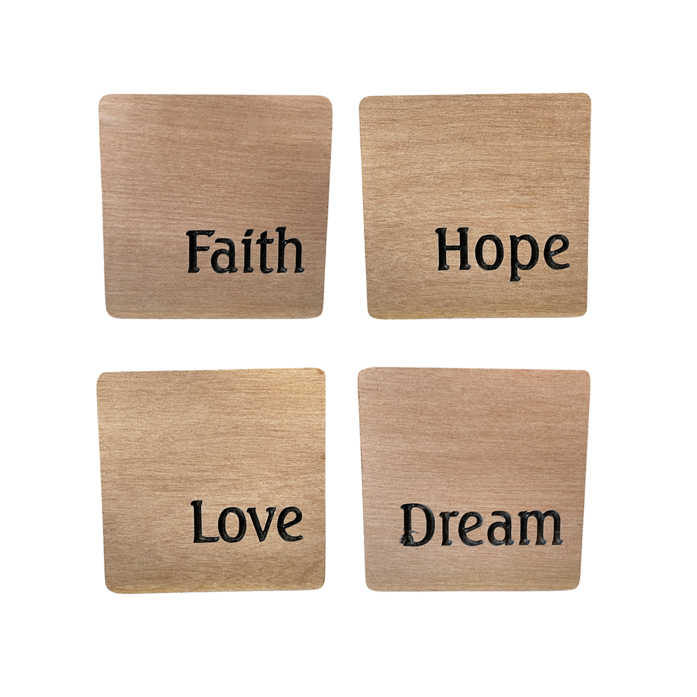 COASTERS RECYCLED RIMU "FAITH, HOPE, LOVE, DREAM" SET