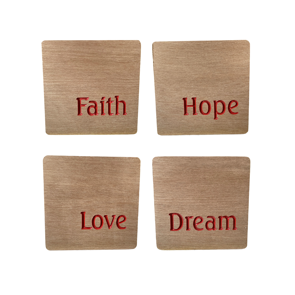 COASTERS RECYCLED RIMU "FAITH, HOPE, LOVE, DREAM" SET