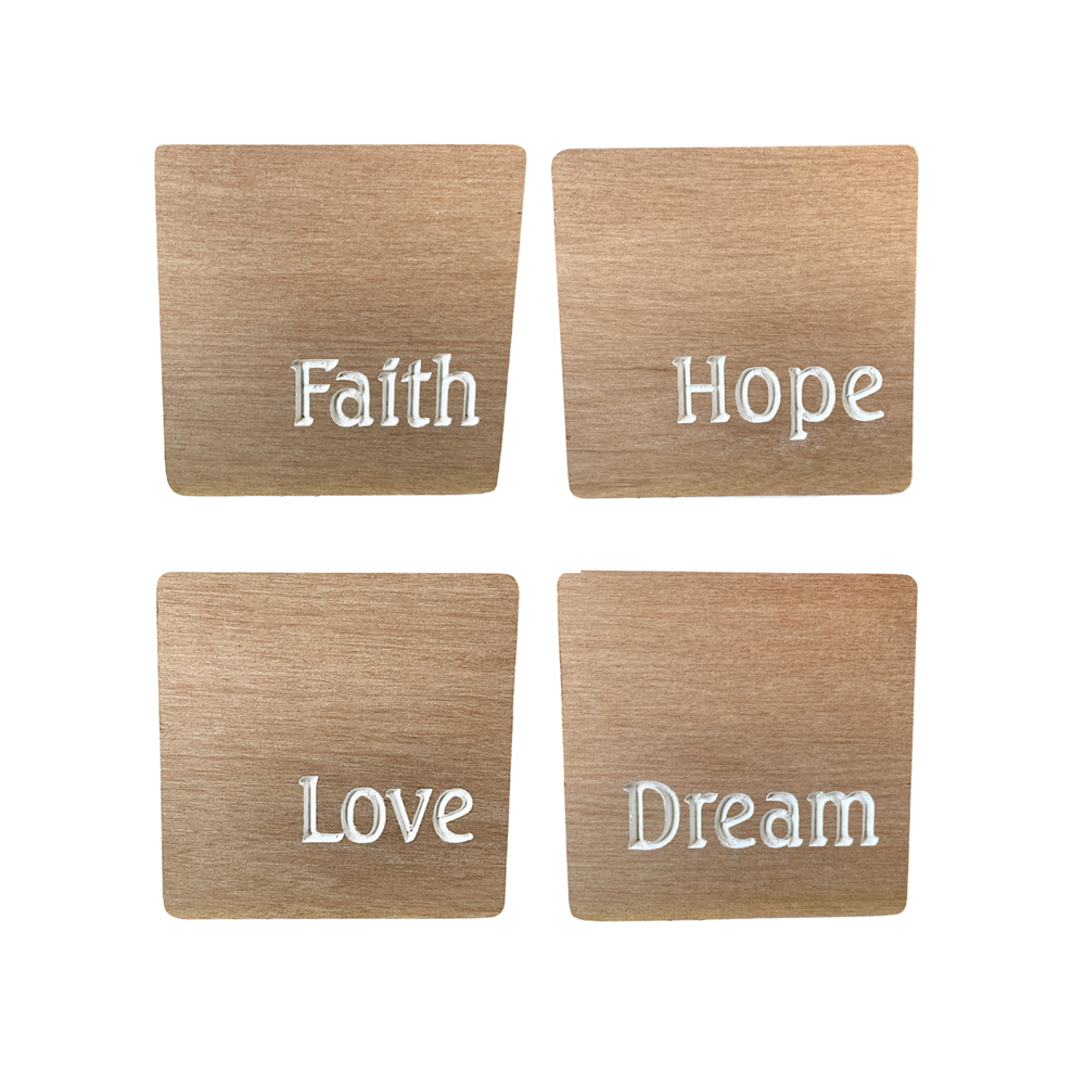 COASTERS RECYCLED RIMU "FAITH, HOPE, LOVE, DREAM" SET