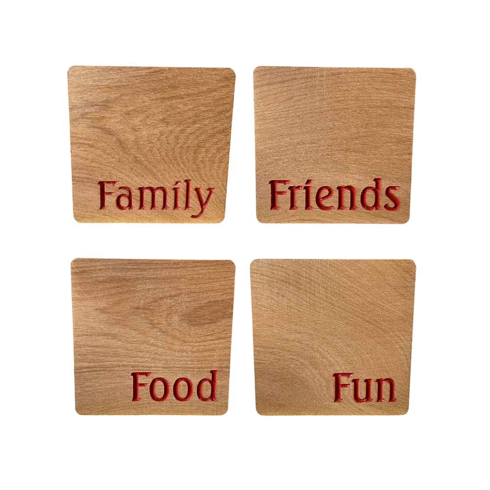 COASTERS RECYCLED RIMU "FAMILY, FRIENDS, FOOD, FUN" SET