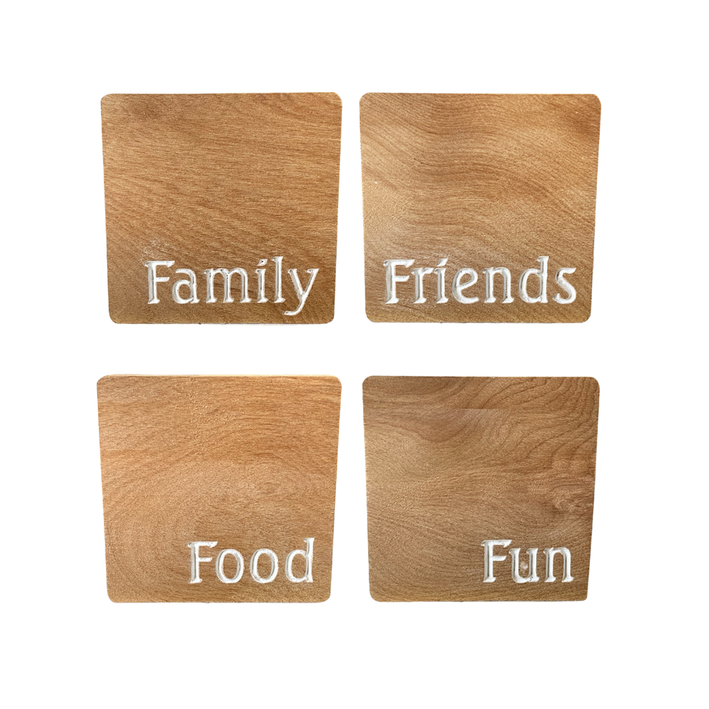 COASTERS RECYCLED RIMU "FAMILY, FRIENDS, FOOD, FUN" SET