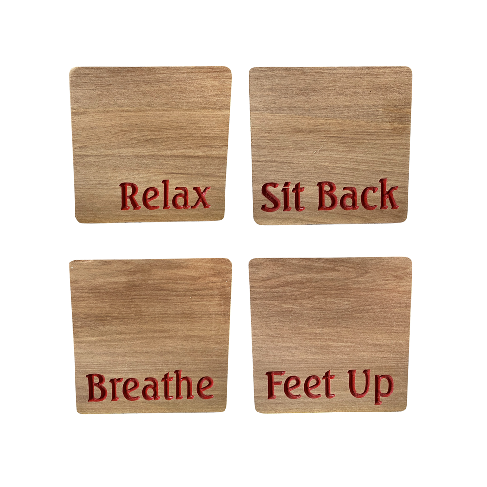 COASTERS RECYCLED RIMU "RELAX, SIT BACK, BREATHE, FEET UP" SET