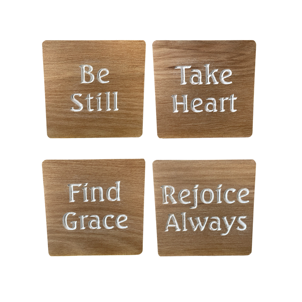 COASTERS RECYCLED RIMU "BE STILL, TAKE HEART, FIND GRACE, REJOICE ALWAYS" SET