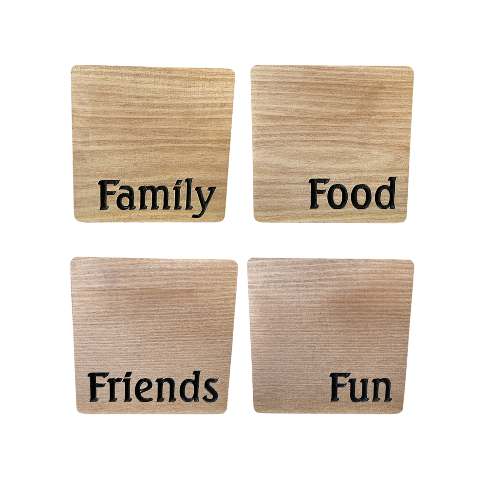 COASTERS RECYCLED RIMU "FAMILY, FRIENDS, FOOD, FUN" SET