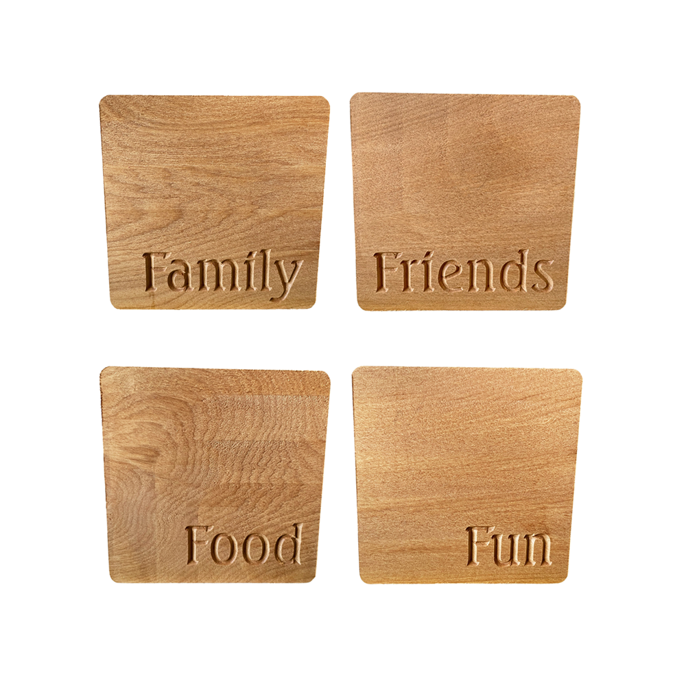 COASTERS RECYCLED RIMU "FAMILY, FRIENDS, FOOD, FUN" SET