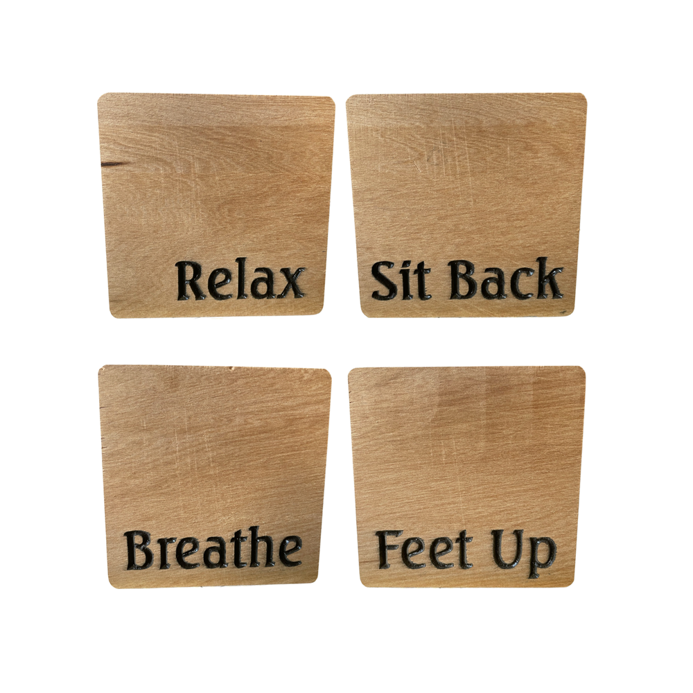 COASTERS RECYCLED RIMU "RELAX, SIT BACK, BREATHE, FEET UP" SET