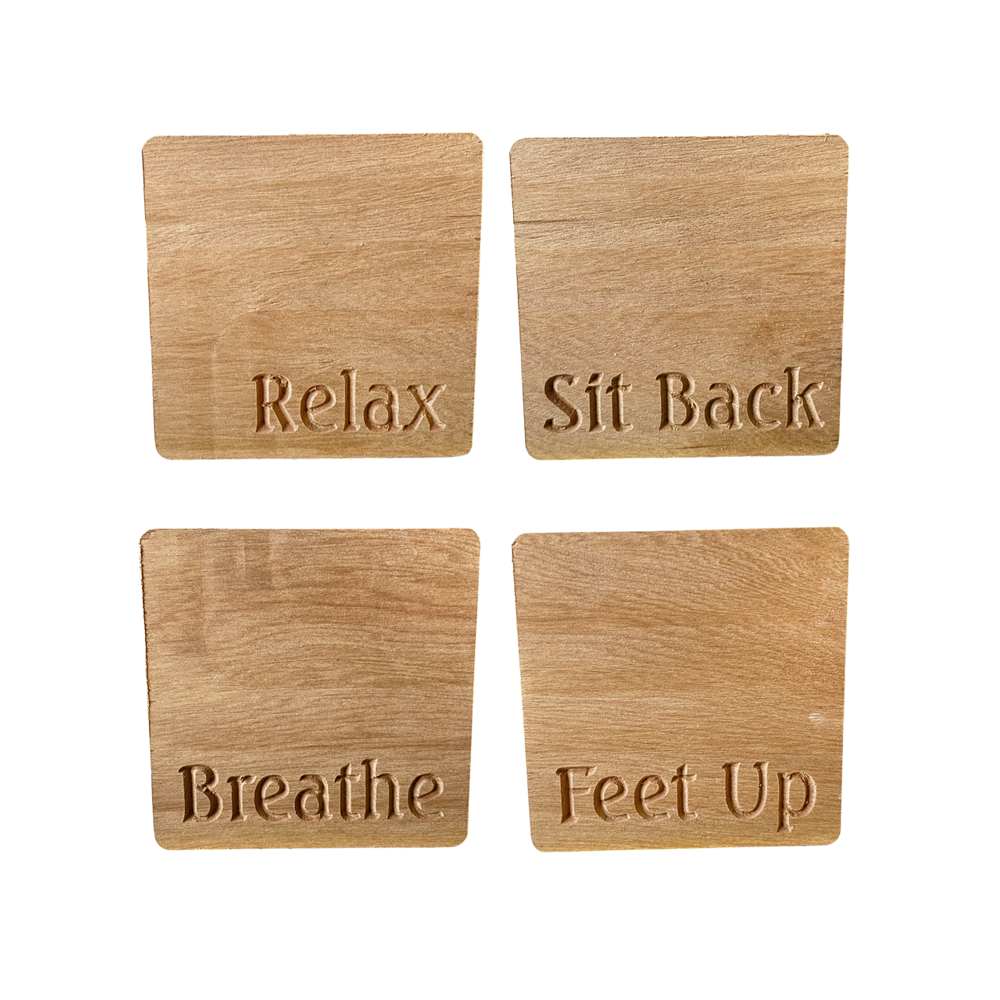 COASTERS RECYCLED RIMU "RELAX, SIT BACK, BREATHE, FEET UP" SET
